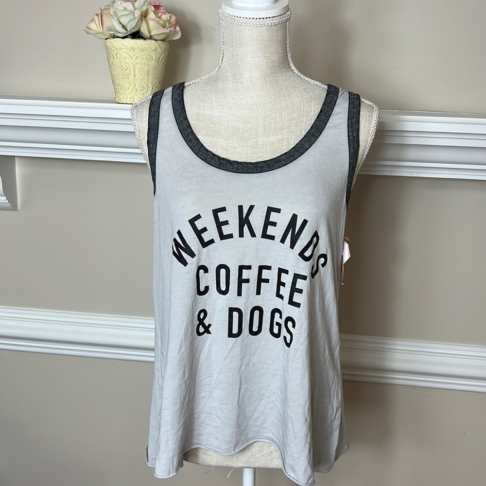 Fifth Sun Weekend Coffee Dogs Loose Fit Tank Top Womens Large NWT